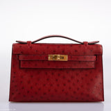 Hermes Kelly Mini Pochette Rouge Vif Ostrich Gold Hardware - 2017, A
