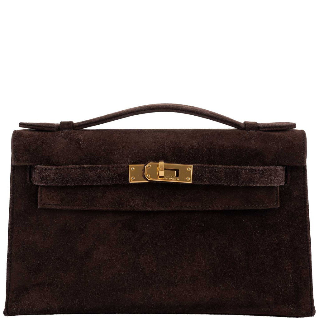 Hermes Kelly Pochette Chocolate Veau Doblis Suede Gold Hardware - 2014, R Square