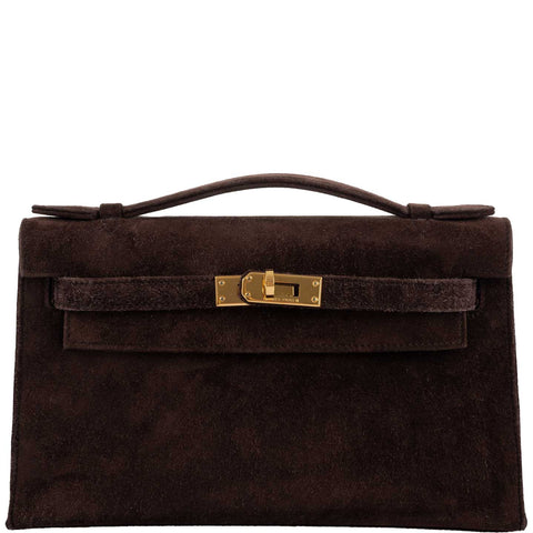 Hermes Kelly Pochette Chocolate Veau Doblis Suede Gold Hardware - 2014, R Square