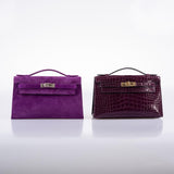 Hermes Kelly Pochette Violet Veau Doblis Suede Palladium Hardware - 2006, J Square