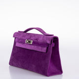 Hermes Kelly Pochette Violet Veau Doblis Suede Palladium Hardware - 2006, J Square