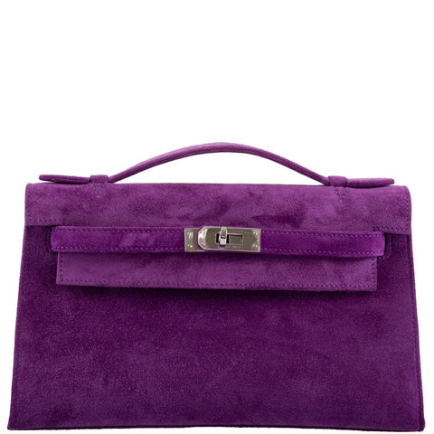 Hermes Kelly Pochette Violet Veau Doblis Suede Palladium Hardware - 2006, J Square