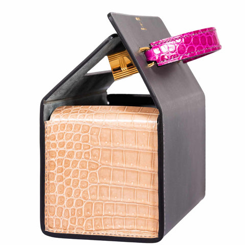 Hermes Minaudière 18 petit h Graphite, Fuchsia, Poussiere Porosus Crocodile & Calf Gold Hardware - 2019
