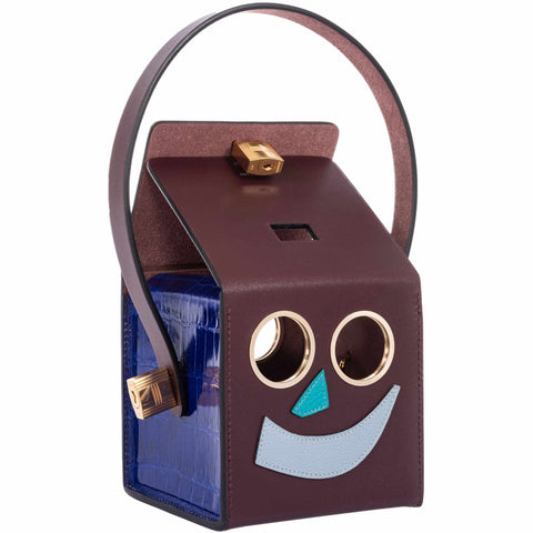 Hermes Minaudière Robot petit h Bag Blue Electric & Black Porosus Crocodile Golden Brass Hardware * Very Special