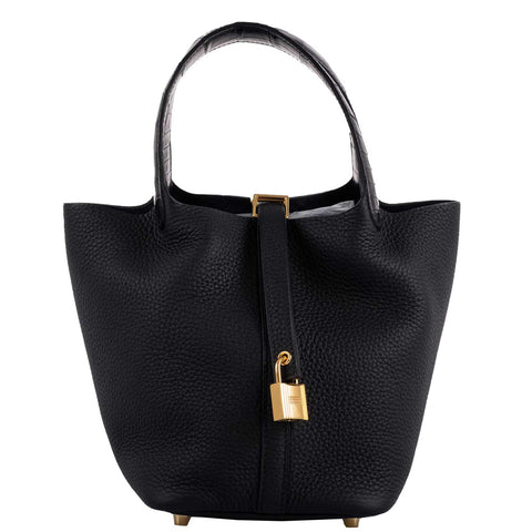 Hermes Picotin Lock Touch 18 PM Black Taurillon Clemence & Matte Alligator Gold Hardware