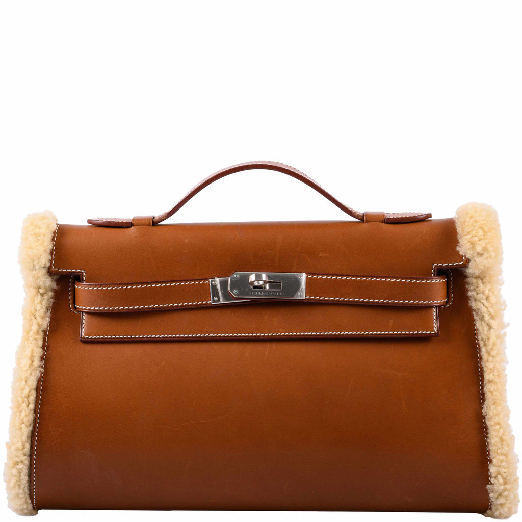 Hermes Teddy Kelly Clutch Barenia Leather & Mouton Shearling Palladium Hardware - 2007, K Square