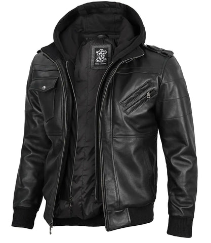 Tall Men's Black Leather Jacket with Removable Hood