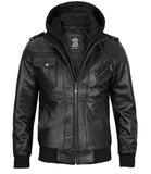 Tall Men's Black Leather Jacket with Removable Hood