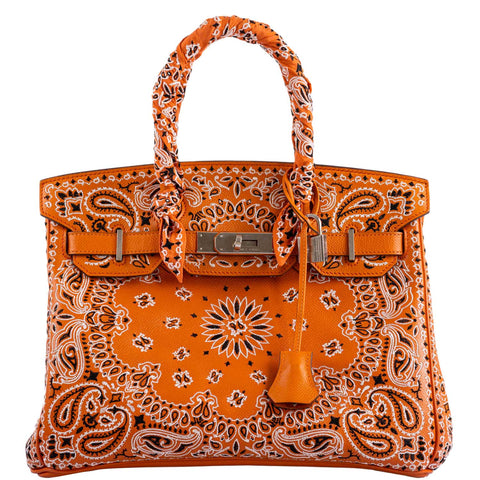 Jay Ahr Vintage 2013 Hermes Birkin 30 Orange Epsom Bandana Embroidery "Rio de Janeiro"