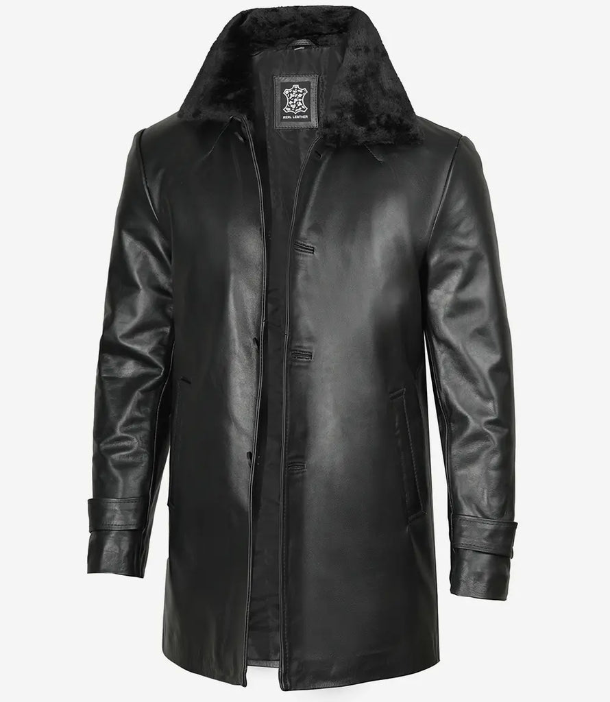 Men's 3/4 Black Real Leather Coat With Fur Collar