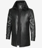 Men's 3/4 Black Real Leather Coat With Fur Collar