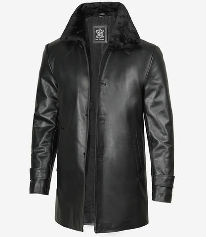 Men's 3/4 Black Real Leather Coat With Fur Collar