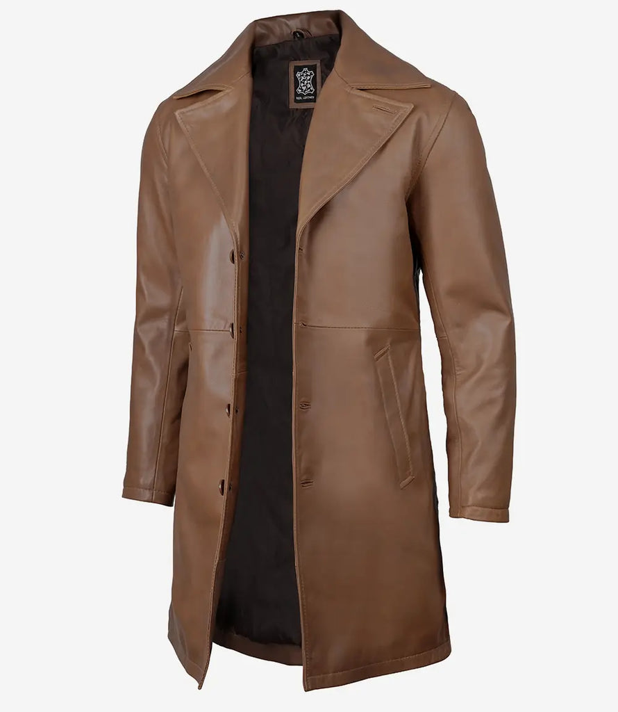 Men's 3 4 Length Brown Leather Car Coat