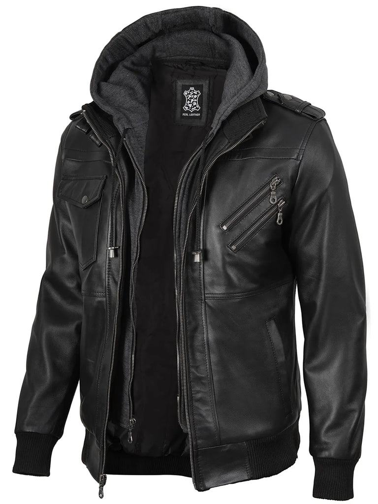 Men's Black Bomber Leather Jacket with Removable Hood