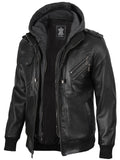 Men's Black Bomber Leather Jacket with Removable Hood