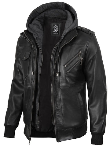 Men's Black Bomber Leather Jacket with Removable Hood