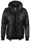 Men's Black Bomber Leather Jacket with Removable Hood