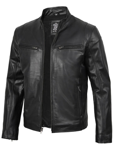 Men Black Cafe Racer Real Leather Jacket