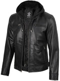 Men's Black Biker Style Leather Jacket with Removable Hood