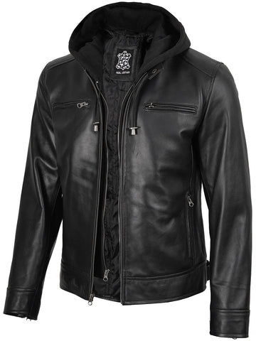 Men's Black Biker Style Leather Jacket with Removable Hood