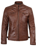 Men’s Cognac Brown Quilted Leather Style Biker Jacket