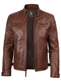 Men’s Cognac Brown Quilted Leather Style Biker Jacket
