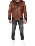 Men's Brown Tall Leather Bomber Jacket With Removable Hood