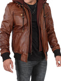 Men's Brown Tall Leather Bomber Jacket With Removable Hood