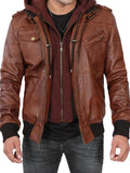 Men's Brown Tall Leather Bomber Jacket With Removable Hood