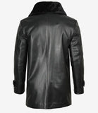 Men's 3/4 Black Real Leather Coat With Fur Collar