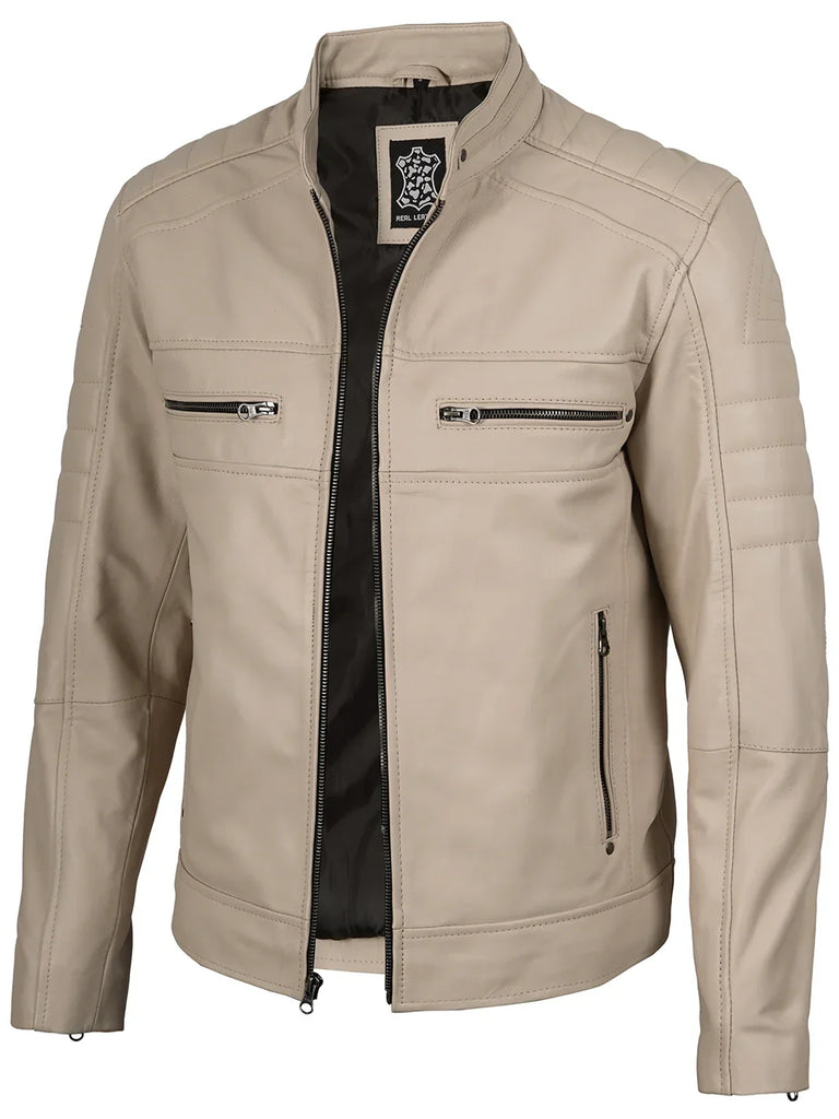 Mens Beige Cafe Racer Style Leather Jacket