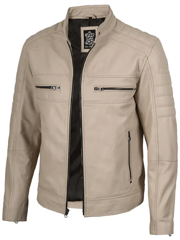 Mens Beige Cafe Racer Style Leather Jacket