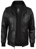 Men's Black Bomber Leather Jacket with Removable Hood
