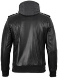 Men's Black Bomber Leather Jacket with Removable Hood