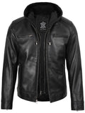 Men's Black Biker Style Leather Jacket with Removable Hood