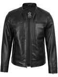 Men's Black Biker Style Leather Jacket with Removable Hood