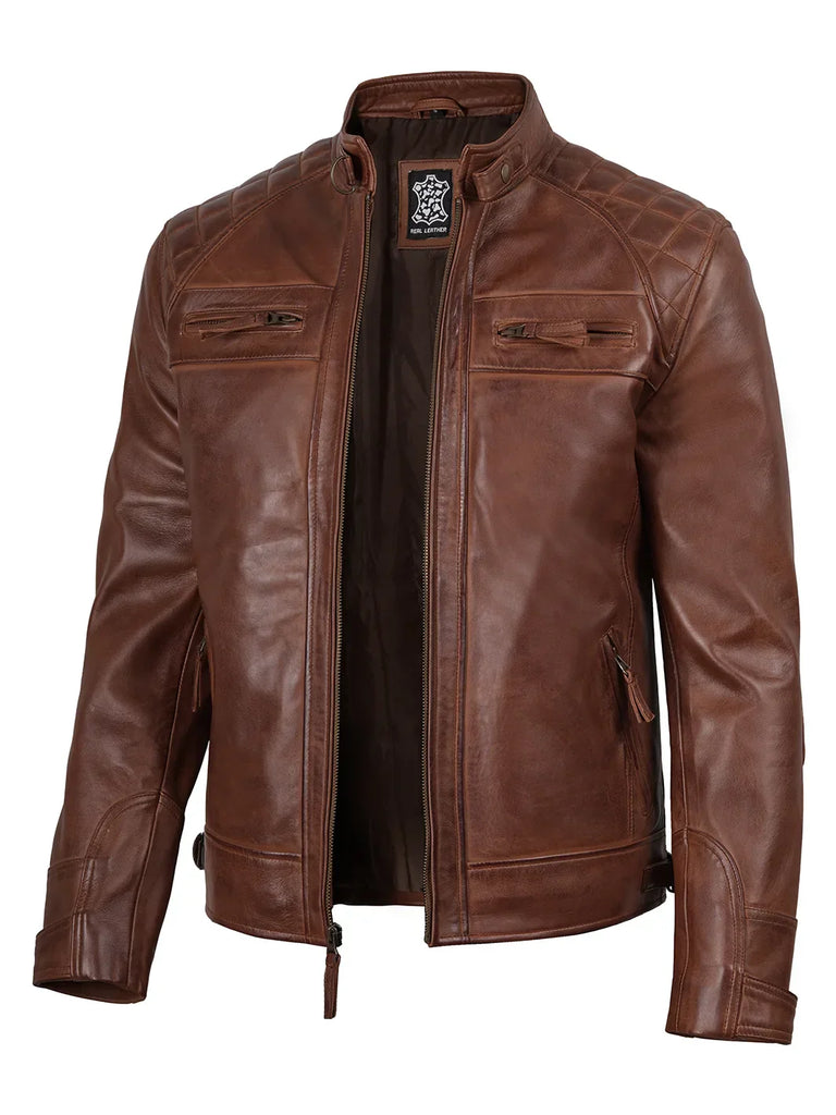 Men’s Cognac Brown Quilted Leather Style Biker Jacket