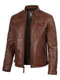 Men’s Cognac Brown Quilted Leather Style Biker Jacket