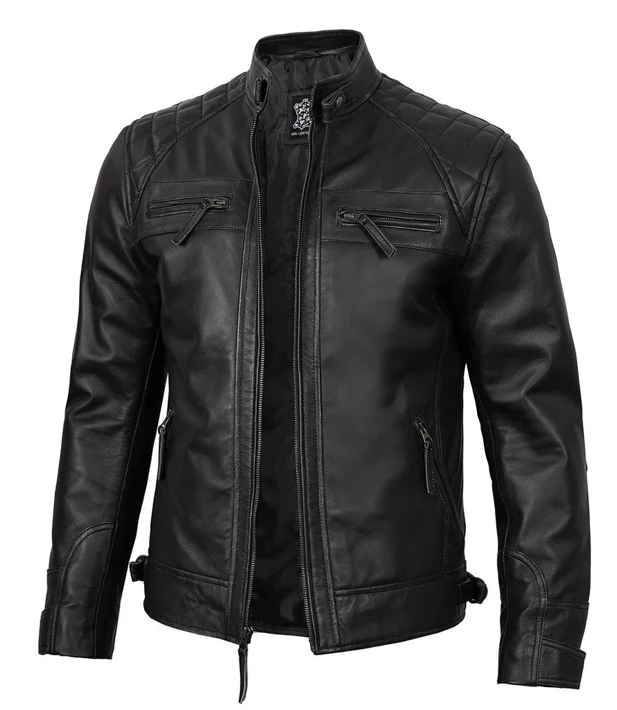 Tall Diamond Mens Black Cafe Racer Leather Jacket