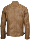 Men's Waxed Camel Brown Cafe Racer Style Leather Jacket
