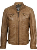 Men's Waxed Camel Brown Cafe Racer Style Leather Jacket