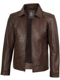 Mens Shirt Collar Chocolate Brown Leather Jacket