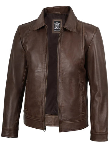 Mens Shirt Collar Chocolate Brown Leather Jacket