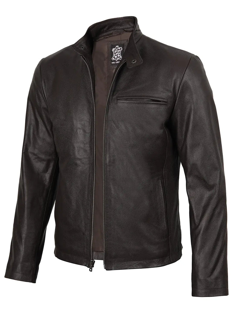 Mens Dark Brown Cowhide Cafe Racer Leather Jacket