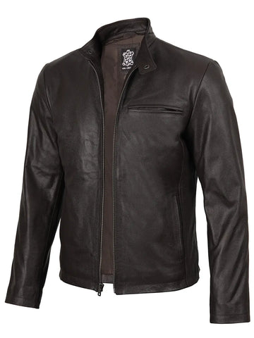 Mens Dark Brown Cowhide Cafe Racer Leather Jacket