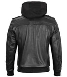 Tall Men's Black Leather Jacket with Removable Hood