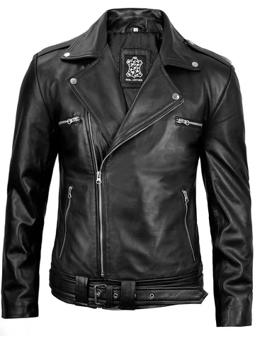Men's Black Asymmetrical Belted Biker Style Leather Jacket