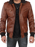 Men's Brown Tall Leather Bomber Jacket With Removable Hood
