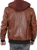 Men's Brown Tall Leather Bomber Jacket With Removable Hood