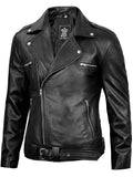 Men's Black Asymmetrical Belted Biker Style Leather Jacket